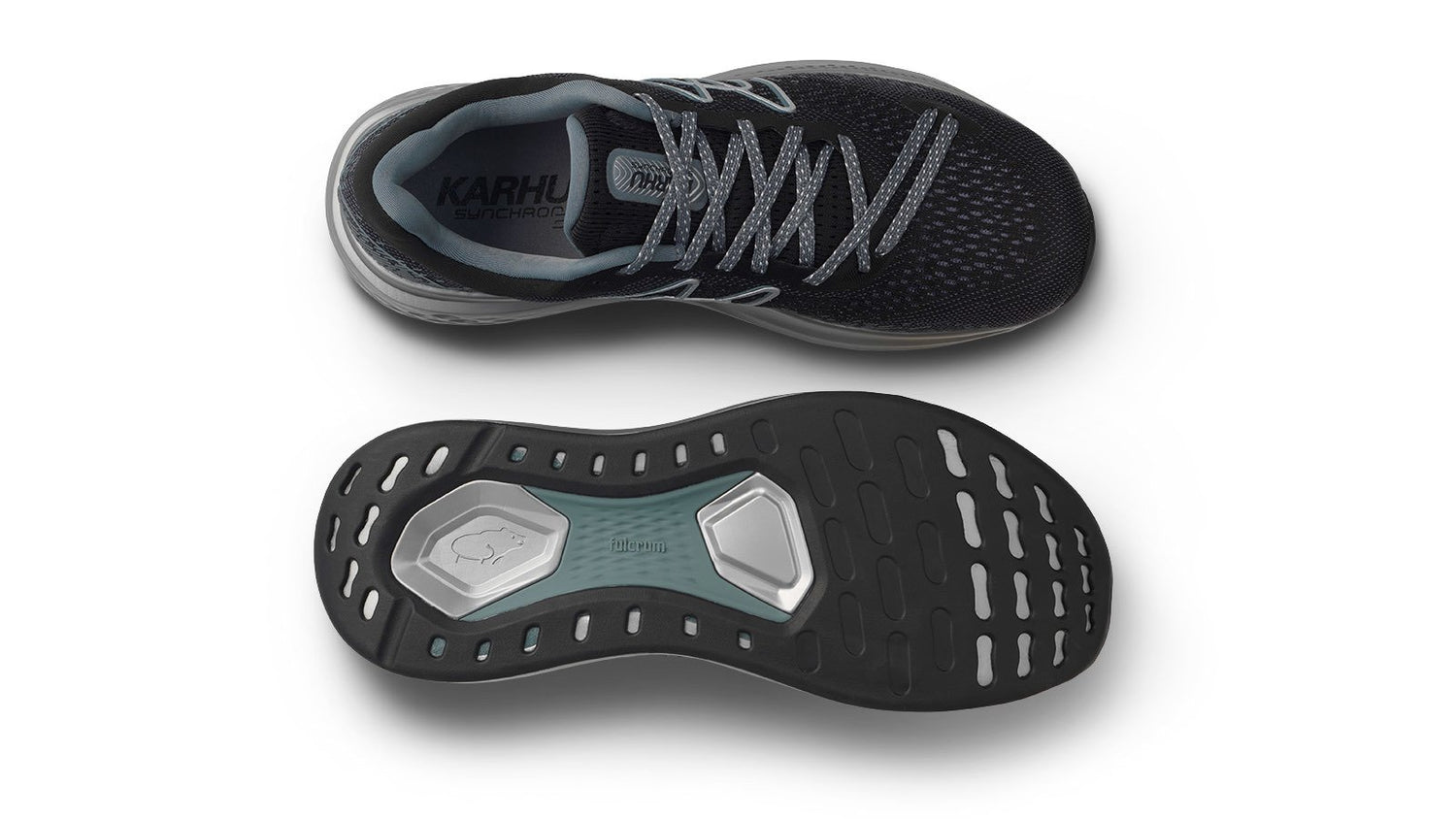 Upper and outsole on stability running shoe with wide fit